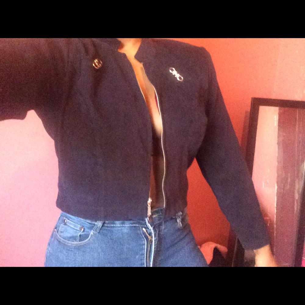 VINTAGE navy suede zip up crop jacket SUPER CUTE